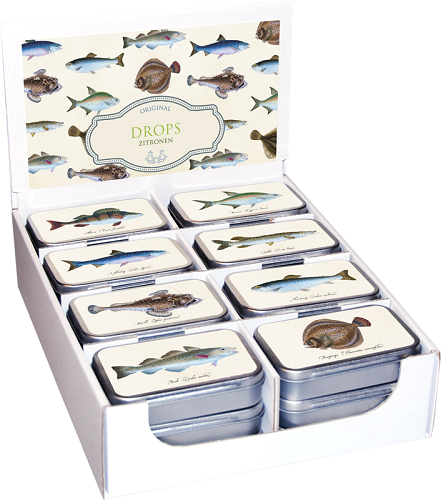 Sköna Ting Original Zitronen Drops in toller Blechdose mit Fischmotiv nach Wahl  1x ca. 60g